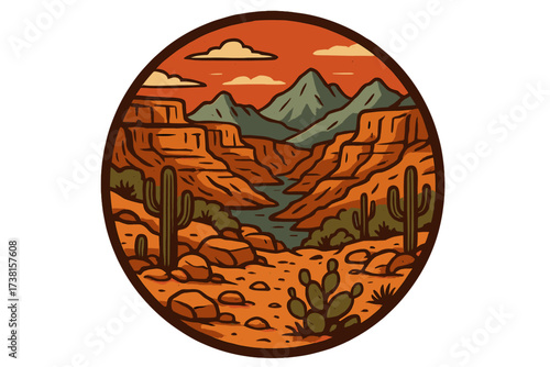 Grand Canyon Arizona landscape vector illustration with mountains, rock formations, cactuses, desert trail, river, Southwest nature, vintage badge emblem, adventure, wild west sticker design