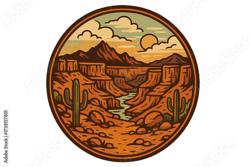 Grand Canyon Desert Landscape Badge Illustration. Arizona Canyon View with Mountains, Sunset, Rocks, Boulders, Cacti, River, Clouds. Western Nature Emblem for Sticker, Travel, Adventure Design