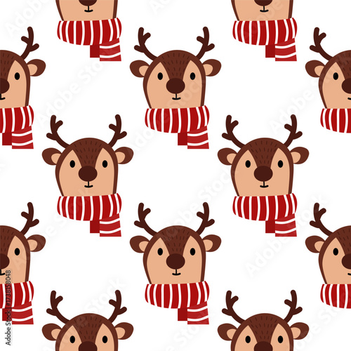A cute Christmas seamless pattern with reindeers wearing striped scarf.