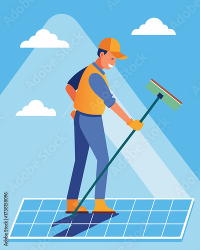 A worker using a longhandled squeegee to deftly remove leaves and other debris from solar panels on a rooftop.. Vector illustration