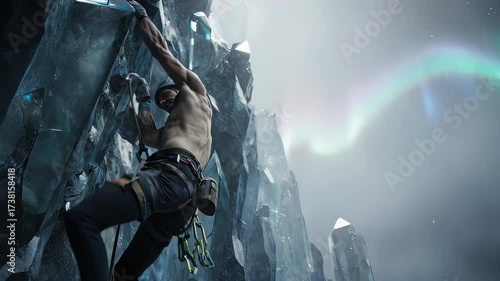 Climber Scaling a Sheer Cliff of Glowing Crystals