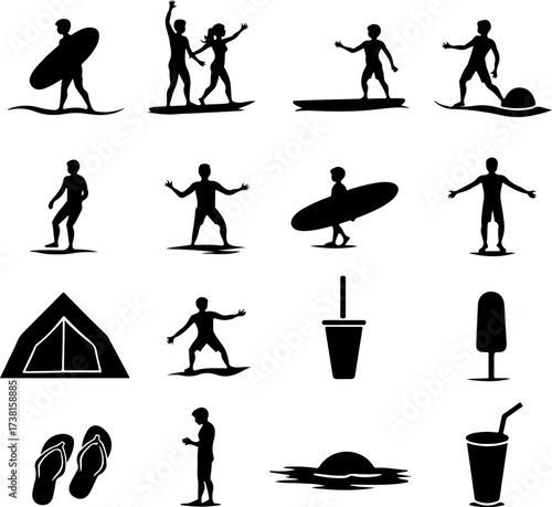 "Summer Beach Silhouettes – Surfers, Ice Cream & Vacation Fun Clipart"