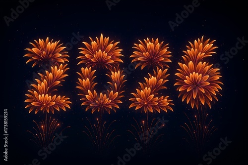 Colorful fireworks designed as blooming flowers creating the number 2026 against a night sky. A vibrant and unique celebration concept for New Year 2026 marketing, banners, and festive designs.