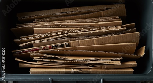 A stack of flattened corrugated cardboard boxes is stored as material for recycling or packaging.Concept of cardboard recycling and logistics.