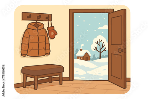 Cozy home hallway flat design, open door view, winter landscape, snow falling, small cottage, bare tree, wall hanger with warm down jacket, mittens, wooden bench, inviting interior scene