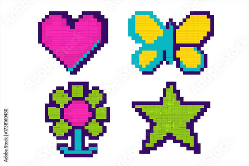 Vibrant Pixel Art Icons Set. Geometric Heart, Butterfly, Flower, Star. Trendy Maximalist Antidesign Style. Colorful Acid Aesthetic, Abstract 8-Bit Figures, Creative Digital Collage Elements
