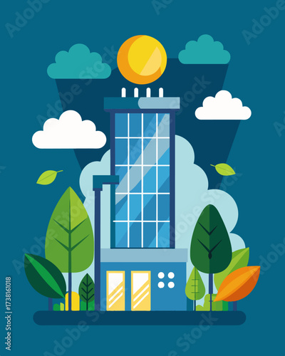 A large office building installs a solar water heating system reducing their carbon footprint and setting an example for other businesses in the area to follow suit.. Vector illustration