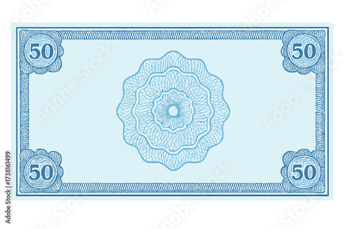 Blue banknote voucher template with guilloche border and watermarks, security pattern, empty currency certificate or coupon, monetary note design, gift money background, 50 denomination, finance