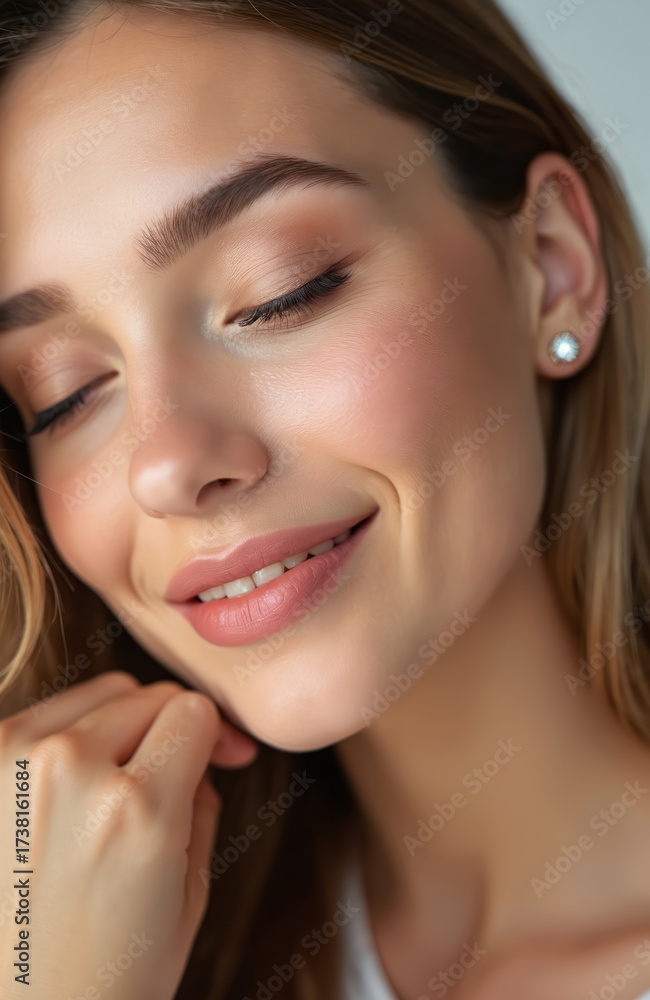 Fototapeta premium Portrait of young fair skin woman with eyes closed. Girl advertise jewelry earrings. Female enjoys face skin lifting cosmetology procedure in beauty studio. Wellness concept visage ideas. Perfect