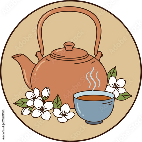 Jasmine Tea Set with Teapot, Cup, and Flowers Vector – Traditional Herbal Drink