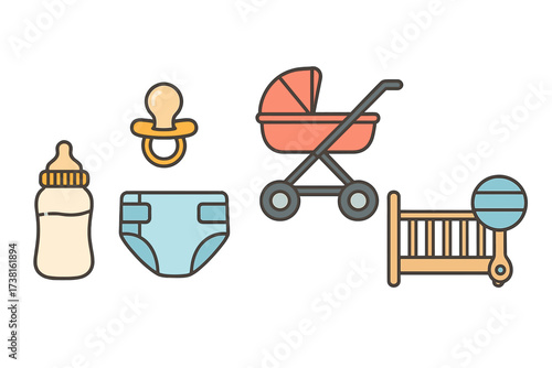 Baby essentials vector icon set. Newborn childcare items collection. Bottle, pacifier, diaper, stroller, crib, rattle. Flat outline design for parenthood, baby shower.