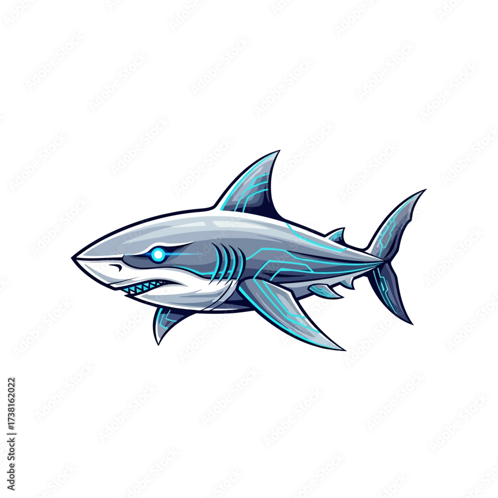 Obraz premium Sleek futuristic shark with glowing blue accents for modern designs, perfect for tech, gaming, or cutting-edge brand visuals with a powerful ocean predator vibe