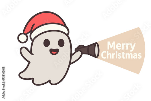 Cute ghost character with Santa Claus hat wishing a Merry Christmas. Vector illustration for festive holiday greeting card. Spooky but friendly phantom with flashlight.