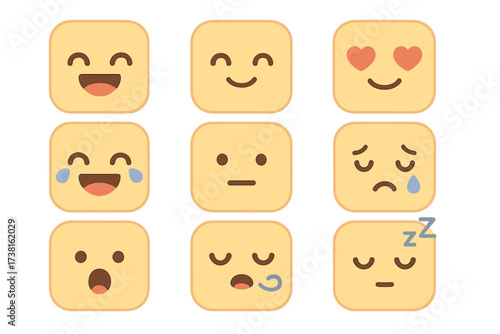 Cute square emoji set. Vector cartoon emoticon collection. Flat face character icons for social media chat. Happy, sad, love, sleep, laugh, cry expressions. Mood feedback symbols.