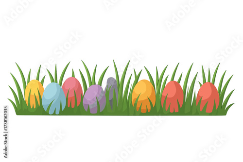 Easter grass border vector illustration. Colorful eggs hidden in green lawn for spring holiday. Festive egg hunt concept. Decorative seamless bottom edge design element isolated.