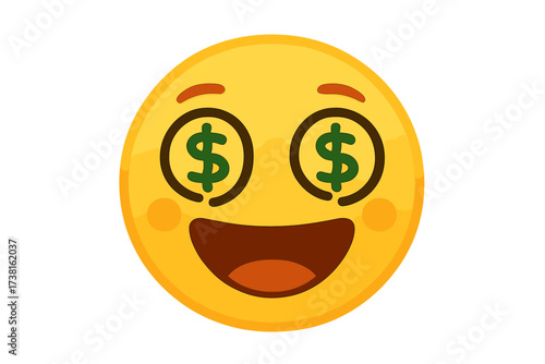 Money face emoji with dollar sign eyes. Vector emoticon hypnotized by wealth and riches. Smiley icon concept for profit, cash, lottery winner, success, and greed. Rich character.