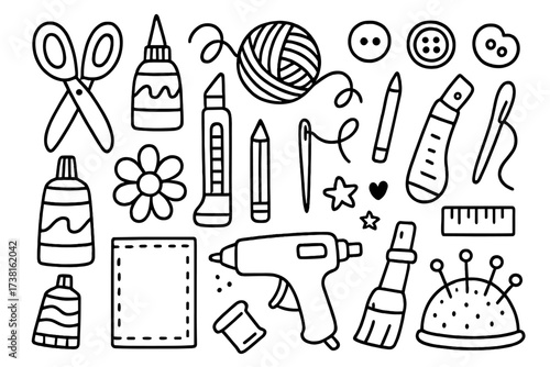 DIY crafts tools and materials doodle set. Hand drawn vector icons for handmade projects. Sewing, scrapbooking, hobby supplies. Line art illustration collection.