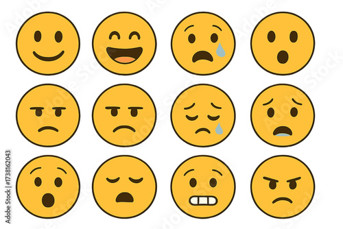 Emoji set with diverse facial expressions. Vector cartoon illustration of emoticons. Yellow smiley faces showing emotions like happy, sad, angry, and surprised. Flat design icon pack.