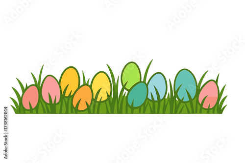 Easter eggs hidden in green grass. Vector border for spring holiday design. Colorful egg hunt illustration. Festive decoration element isolated on white background for banners.