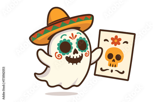 Dia de los Muertos cute ghost character in sombrero. Day of the Dead calavera sugar skull face paint. Mexican holiday celebration announcement poster. Cartoon vector illustration.