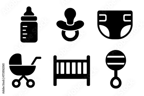 Baby care essentials icon set. Vector glyphs of bottle, pacifier, diaper, stroller, crib, rattle. Newborn child and motherhood symbols for web and app design. Simple black silhouettes.
