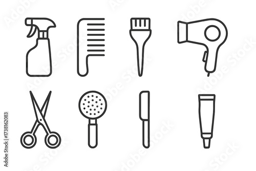 Minimalist line icon collection for hair salon and barbershop. Professional hairdresser tools: scissors, comb, hairdryer, dye brush. Vector graphic for beauty and hairstyling.