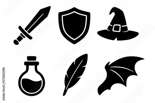 Fantasy RPG icon set with sword, shield, witch hat, magic potion, feather quill, and dragon wing. Vector silhouettes for role-playing games, adventure, and medieval themes.