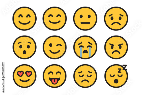 Flat emoji set. Vector face icons. Emoticon cartoon characters. Collection of various expressions and emotions. Happy, sad, angry, love, cry, sleep. Feedback symbols.