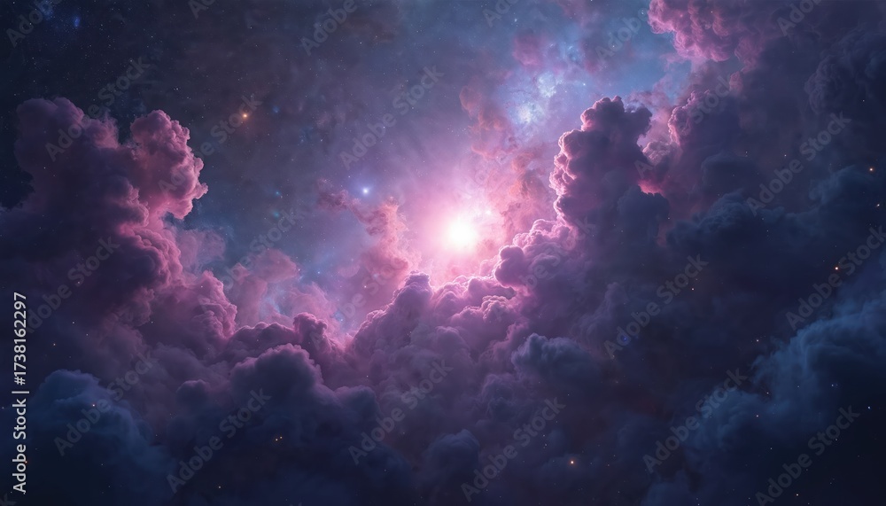 Fototapeta premium Vibrant cosmic nebula with bright light in deep space. Star clusters, cosmic dust and cloud formations add depth. Galactic core emits energy. Great for astronomy fans wallpaper.