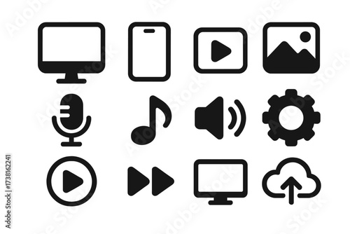 Minimalist black icon set for digital multimedia. Vector glyphs for web design, UI, mobile apps. Symbols for player, audio, video, computer, phone, upload, and settings.