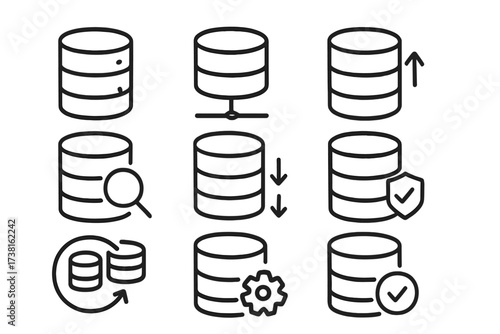 Database line icon set for data management and technology. Minimalist vector symbols for server storage, network hosting, security, backup, upload, download, and search.