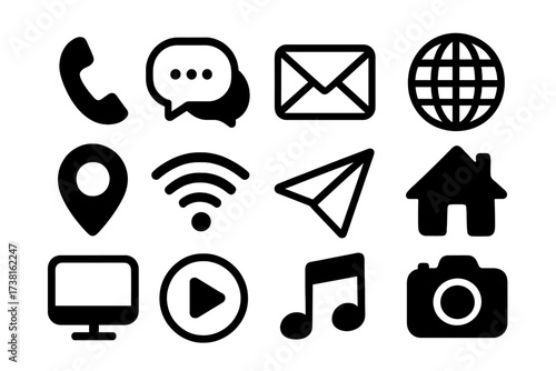 Communication, navigation, and media icon set. Minimalist black vector symbols for web and mobile app interface design. Flat glyphs for chat, email, location, and social media.