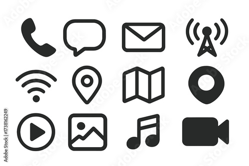 Communication, media, navigation icon collection. Minimalist flat design vector glyphs for web and mobile app UI UX. Set of simple black pictograms on white background.