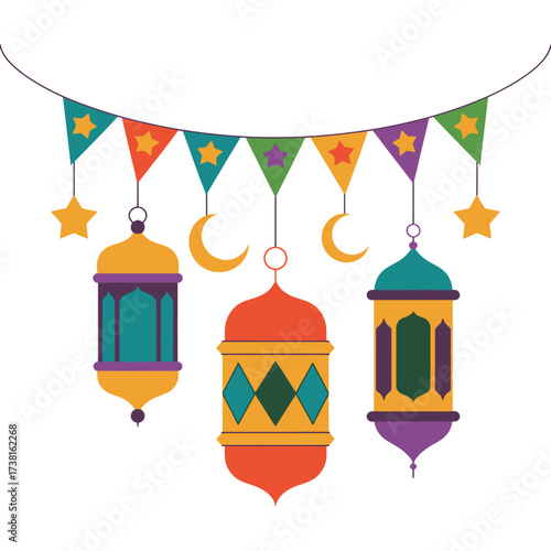 Colorful lanterns and pennant garland with stars and moons. Ramadan Kareem festive decoration.