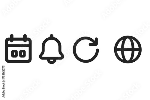Modern minimalist black line icon set for UI and UX design. Features calendar, schedule, notification bell, refresh, reload, and globe symbols. Simple vector graphics for app buttons.