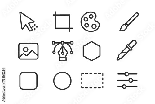 Design and editing tools icon set. Minimalist black outline icons for graphic design software UI. Vector illustration includes pen tool, crop, color picker, and settings.
