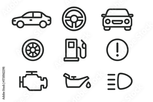 Car icons set for service and driving. Automotive line art symbols collection. Vehicle maintenance, repair, dashboard warning lights. Vector engine, oil, gas, tire, wheel signs.