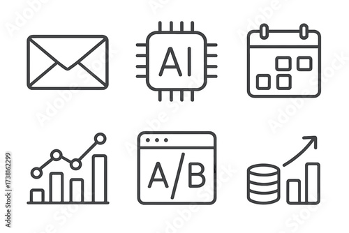 Business and marketing icon set with key concepts. Vector line art illustration. Includes email, AI, calendar, analytics, A/B split testing, and ROI for financial growth.