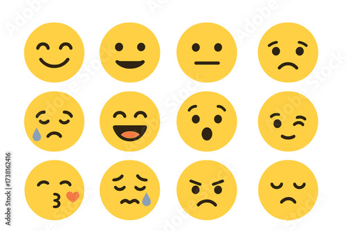 Emoji set vector. Flat design emoticon collection. Minimalist cartoon faces. Diverse facial expressions. Happy, sad, angry, love, cry, kiss, surprised. Social media icons.