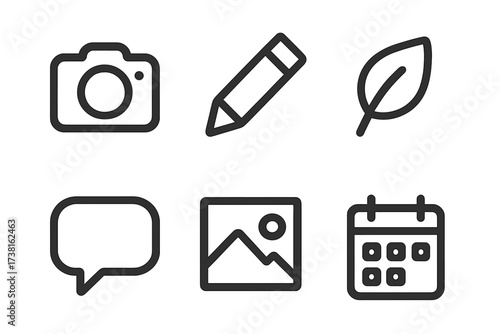 Minimalist icon set for web and mobile. Simple line art symbols collection for user interface design. Includes camera, pencil, leaf, chat, image, and calendar icons.
