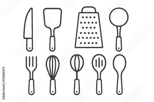 Kitchen utensils icon set. Minimalist line art collection of cooking tools. Vector symbols for cook, chef, and restaurant. Includes knife, spatula, whisk, grater, and ladle.