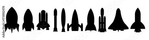 Rocket silhouette space black icon set. Spaceship simple launch rocket ship vector illustration pictogram