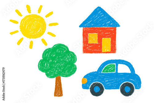 Colorful wax crayon pastel hand drawn elements set featuring house, car, sun, tree on white background. Kids art style, playful childlike illustration, school education learning, kindergarten theme