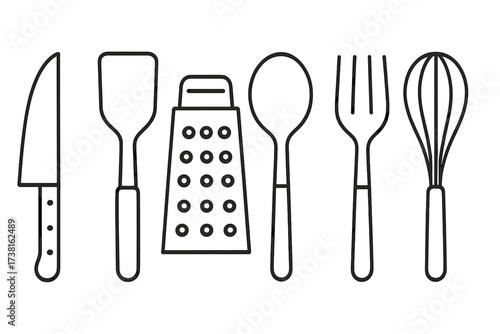 Kitchen utensils line icon set. Cooking tools vector. Minimalist outline of knife, spatula, grater, spoon, fork, whisk. Simple culinary equipment for food preparation.