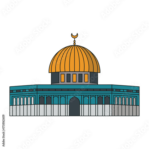 Dome of Rock mosque Jerusalem flat color vector illustration Islamic holy site landmark golden dome architecture building travel icon