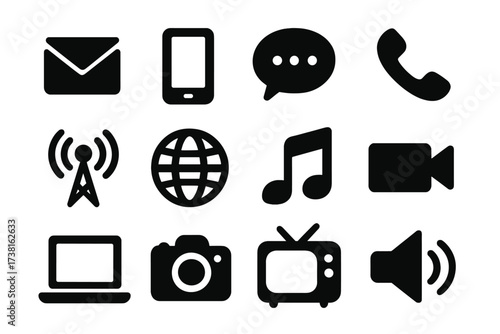 Communication and multimedia icon set. Minimalist black silhouette symbols for web design, UI, and apps. Vector collection of modern pictograms for internet, media, and contact.