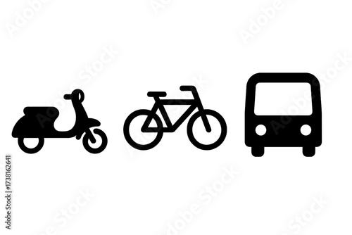 Transport icon set with scooter, bicycle, bus. Vector silhouettes for urban public transportation, city mobility. Minimalist symbols for commute, travel, traffic, web design.