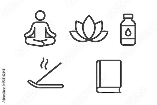 Minimalist wellness and meditation icon set. Line art vector of yoga, lotus, incense, book, and hydration symbols. For self-care, mindfulness, relaxation, and zen concepts.