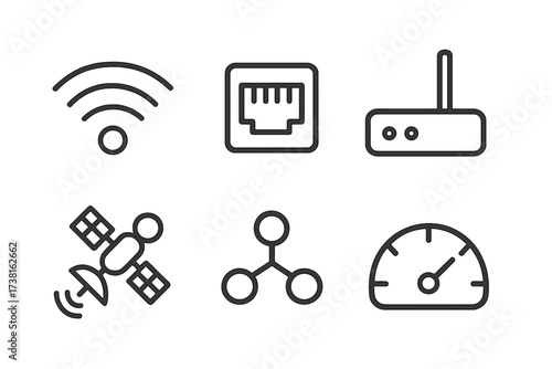 Technology icon set. Minimalist line art vector of wifi, ethernet port, router, satellite, network share symbol, and internet speed test. Communication and connection concept.