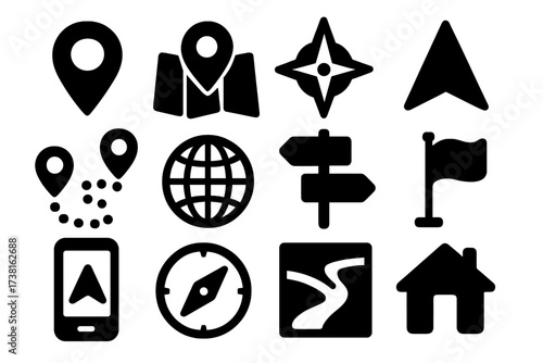 Navigation and location icon set. GPS map pointer, pin, compass, direction arrow. Find destination and route. Geolocation and travel symbols. Vector glyph silhouette signs.